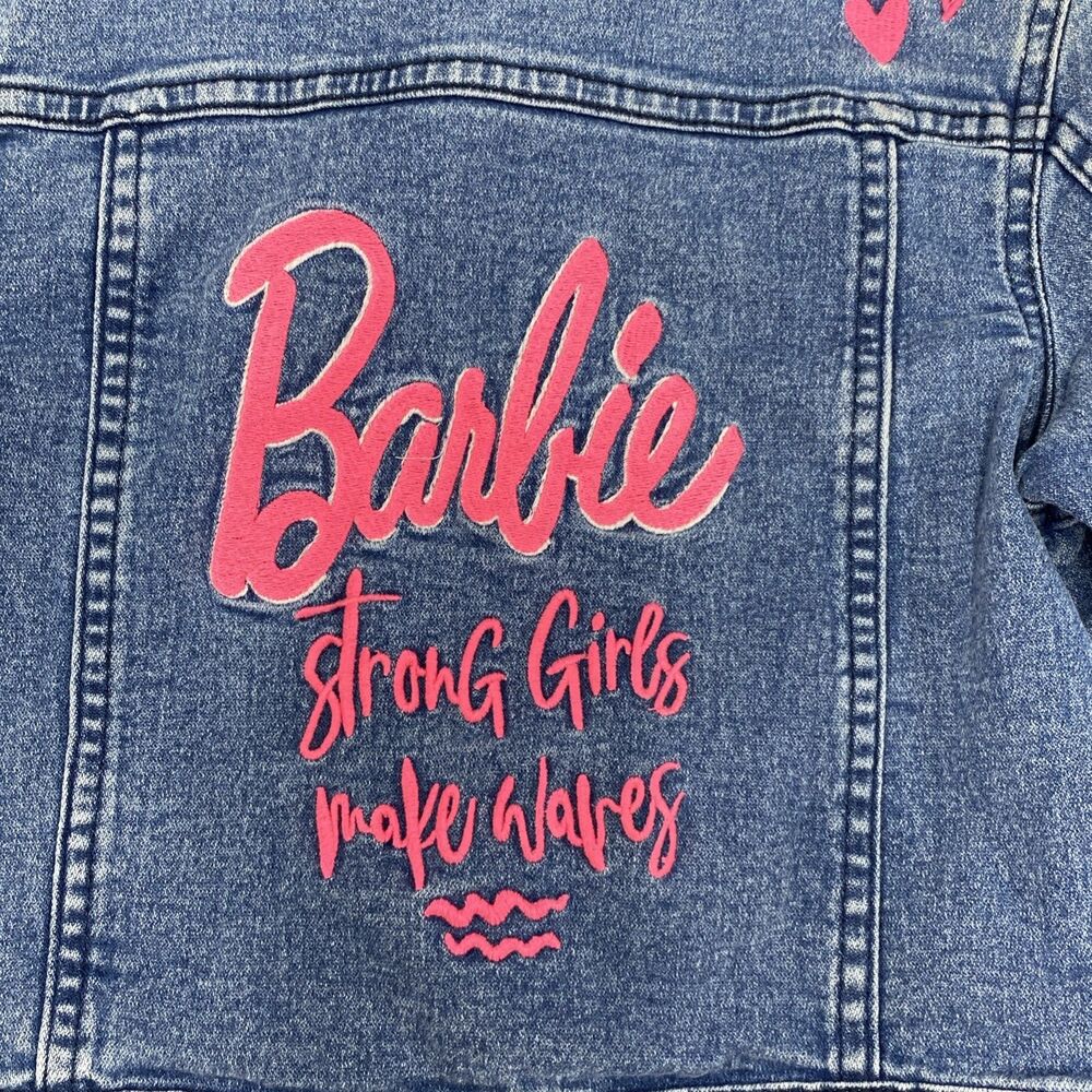 Barbie Denim Jacket Girls Size 7 Embroidered Patches Strong Girls Make Waves - Picture 7 of 16